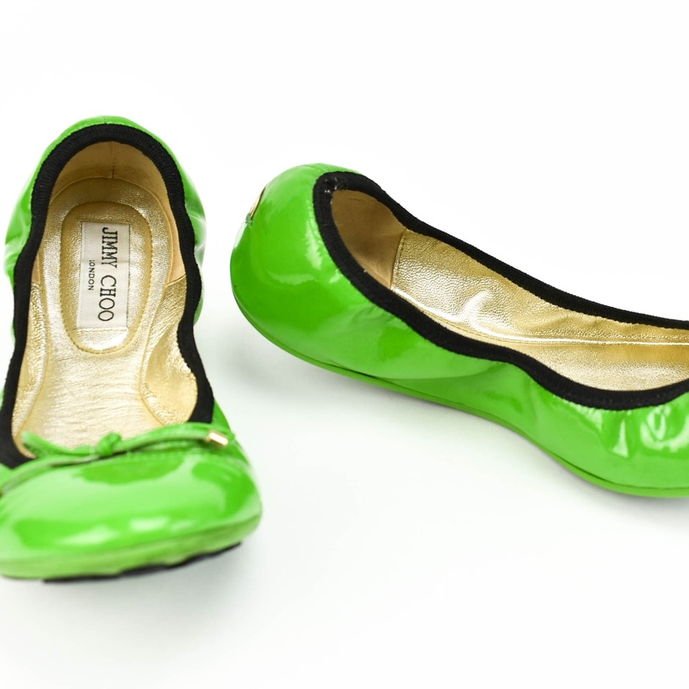 JIMMY CHOO: Shiny Green Leather & Logo Flats